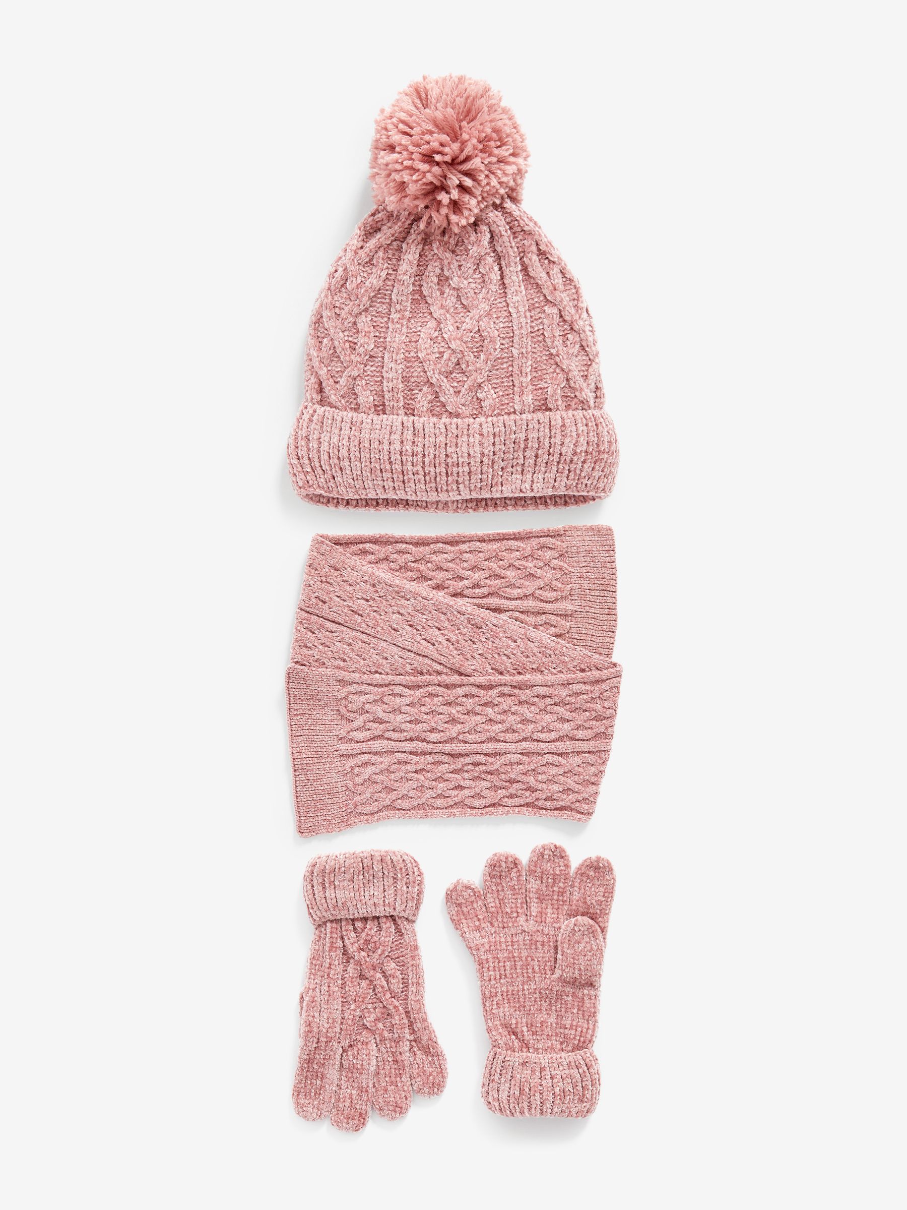 Buy Chenille Pink Knitted Gloves Hats and Scarf Set 3 16yrs from Next Ireland