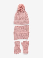 Chenille Pink Knitted Gloves Hats and Scarf Set (3-16yrs) - Image 1 of 2