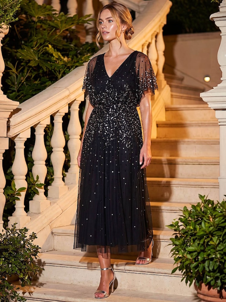 angel sleeve black dress Buy Roman Embellished Midi from Next USA Color:Nautical / Floral Print collection::clothing - new arrivals Asos With delicate pearls that this gown combines classic