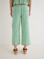 Oliver Bonas Green Green & Cream Striped Embroidered Hem Cropped Wide Leg Trousers - Image 2 of 7