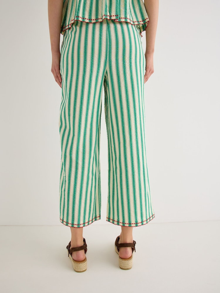 Oliver Bonas Green Green & Cream Striped Embroidered Hem Cropped Wide Leg Trousers - Image 2 of 7