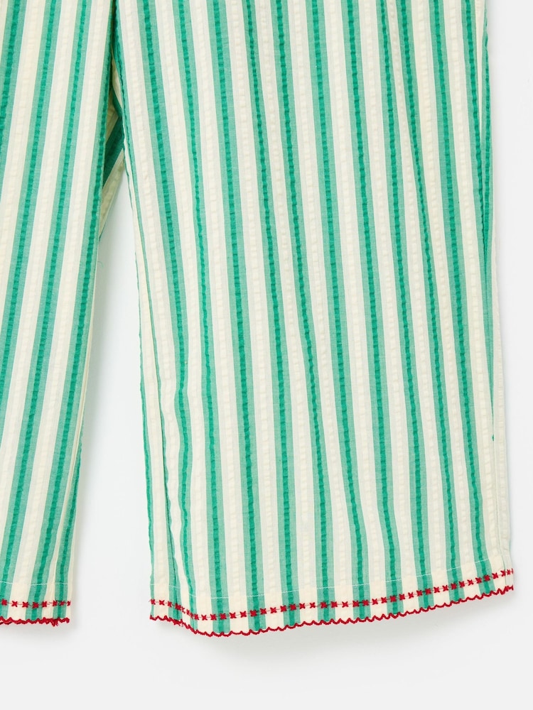 Oliver Bonas Green Green & Cream Striped Embroidered Hem Cropped Wide Leg Trousers - Image 7 of 7