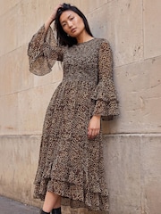 Roman Natural Animal Frill Sleeve Midi Dress - Image 1 of 4