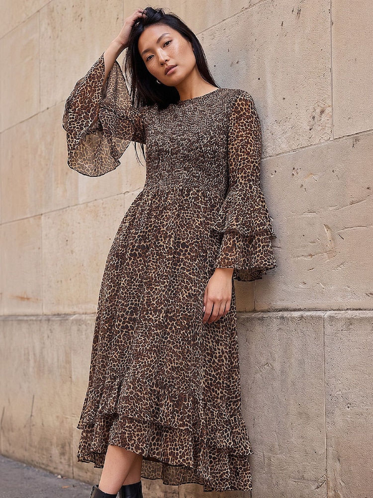 Roman Natural Animal Frill Sleeve Midi Dress - Image 1 of 4 Roman Natural Animal Frill Sleeve Midi Dress - Image 1 of 4