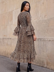 Roman Natural Animal Frill Sleeve Midi Dress - Image 2 of 4