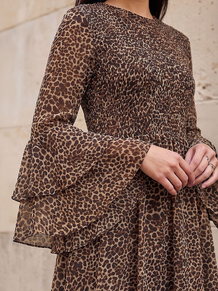 Roman Natural Animal Frill Sleeve Midi Dress - Image 4 of 4 Roman Natural Animal Frill Sleeve Midi Dress - Image 4 of 4
