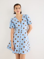 Oliver Bonas Blue Polka Dot Linen Blend Mini Dress - Image 1 of 7