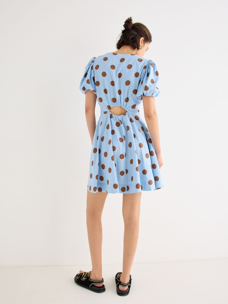Oliver Bonas Blue Polka Dot Linen Blend Mini Dress - Image 2 of 7