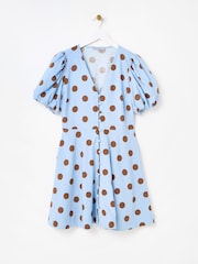 Oliver Bonas Blue Polka Dot Linen Blend Mini Dress - Image 3 of 7