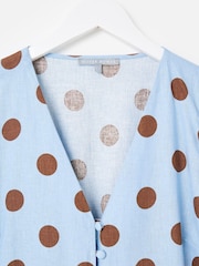 Oliver Bonas Blue Polka Dot Linen Blend Mini Dress - Image 5 of 7
