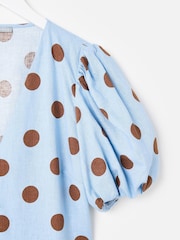 Oliver Bonas Blue Polka Dot Linen Blend Mini Dress - Image 6 of 7