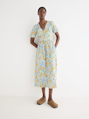 Oliver Bonas Blue Blue Floral & Orange Print Puff Sleeve Midi Dress - Image 1 of 7