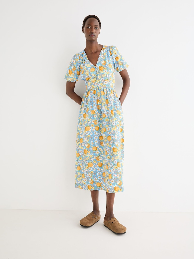 Oliver Bonas Blue Blue Floral & Orange Print Puff Sleeve Midi Dress - Image 1 of 7