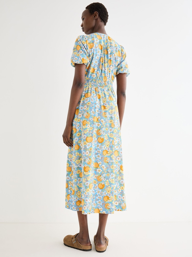 Oliver Bonas Blue Blue Floral & Orange Print Puff Sleeve Midi Dress - Image 2 of 7