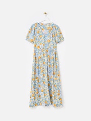 Oliver Bonas Blue Blue Floral & Orange Print Puff Sleeve Midi Dress - Image 3 of 7