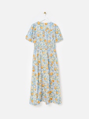 Oliver Bonas Blue Blue Floral & Orange Print Puff Sleeve Midi Dress - Image 4 of 7