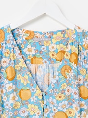 Oliver Bonas Blue Blue Floral & Orange Print Puff Sleeve Midi Dress - Image 5 of 7