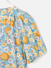 Oliver Bonas Blue Blue Floral & Orange Print Puff Sleeve Midi Dress - Image 6 of 7