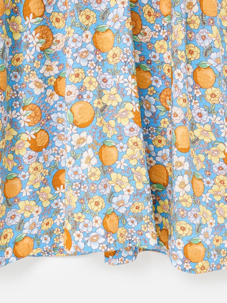 Oliver Bonas Blue Blue Floral & Orange Print Puff Sleeve Midi Dress - Image 7 of 7