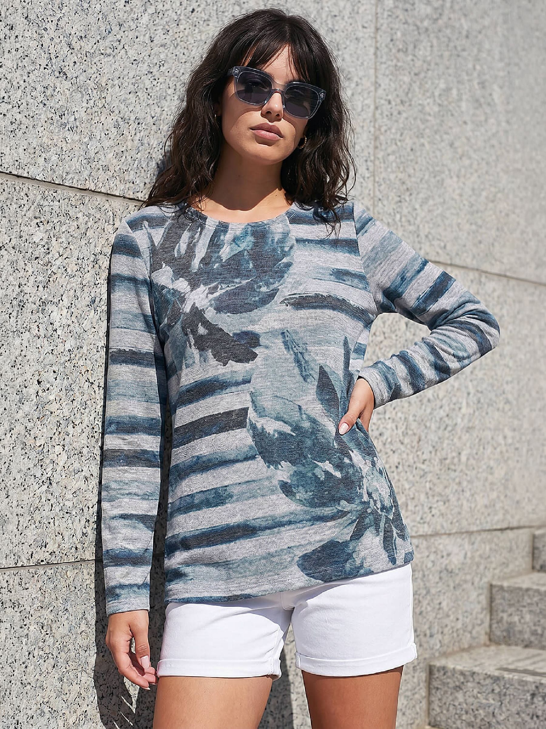 Roman Women's Blue Floral Stripe Print Top In | Size: 20 - Image 7