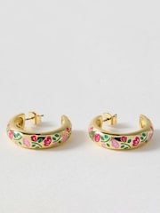 Oliver Bonas Green Laci Green & Pink Floral Enamel Inlay Hoop Earrings - Image 1 of 4