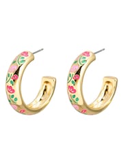 Oliver Bonas Green Laci Green & Pink Floral Enamel Inlay Hoop Earrings - Image 3 of 4