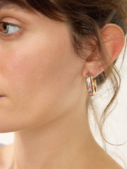 Oliver Bonas Green Laci Green & Pink Floral Enamel Inlay Hoop Earrings - Image 4 of 4