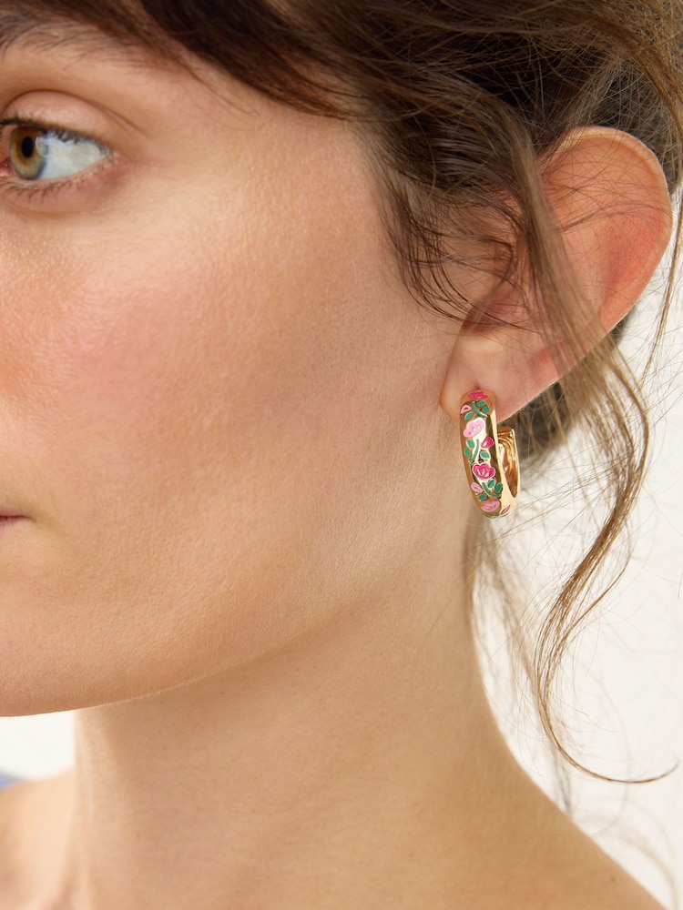 Oliver Bonas Green Laci Green & Pink Floral Enamel Inlay Hoop Earrings - Image 4 of 4 Oliver Bonas Green Laci Green & Pink Floral Enamel Inlay Hoop Earrings - Image 4 of 4