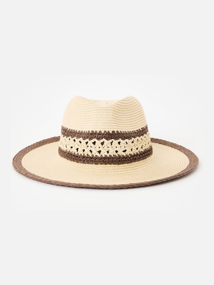 Oliver Bonas Brown Cream & Brown Open Weave Fedora Hat - Image 1 of 4 Oliver Bonas Brown Cream & Brown Open Weave Fedora Hat - Image 1 of 4