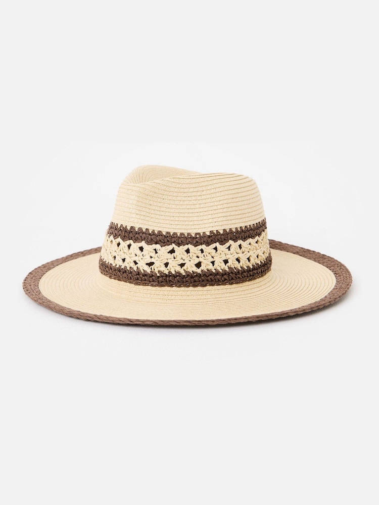 Oliver Bonas Brown Cream & Brown Open Weave Fedora Hat - Image 2 of 4 Oliver Bonas Brown Cream & Brown Open Weave Fedora Hat - Image 2 of 4
