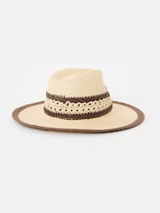 Oliver Bonas Brown Cream & Brown Open Weave Fedora Hat - Image 3 of 4