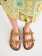 Oliver Bonas Brown Toffee Suede Stitch Detail Double Buckle Sandals - Image 1 of 7