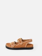 Oliver Bonas Brown Toffee Suede Stitch Detail Double Buckle Sandals - Image 2 of 7