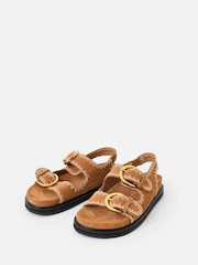 Oliver Bonas Brown Toffee Suede Stitch Detail Double Buckle Sandals - Image 3 of 7