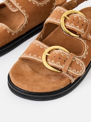 Oliver Bonas Brown Toffee Suede Stitch Detail Double Buckle Sandals - Image 4 of 7