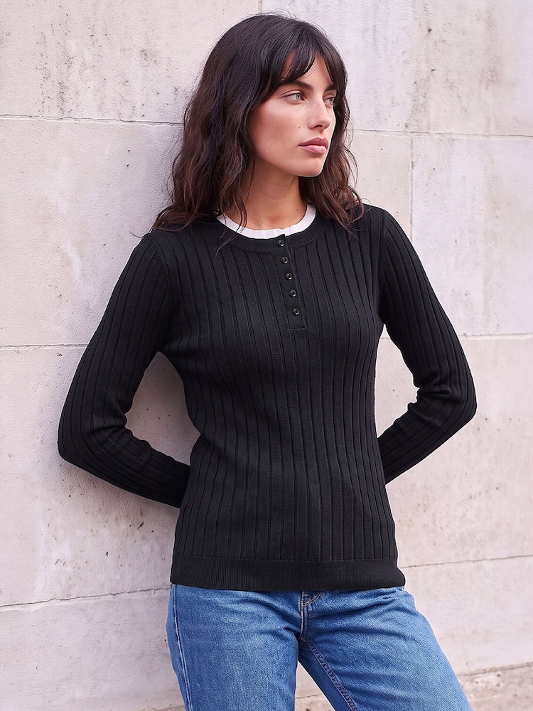 Roman Black Double Mock Rib Knit Henley Blouse - Image 1 of 4