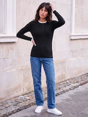 Roman Black Double Mock Rib Knit Henley Blouse - Image 3 of 4