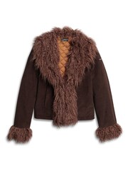 Superdry Brown Crop Quilted Lined Afghan Jacket Coat - Image 3 of 7