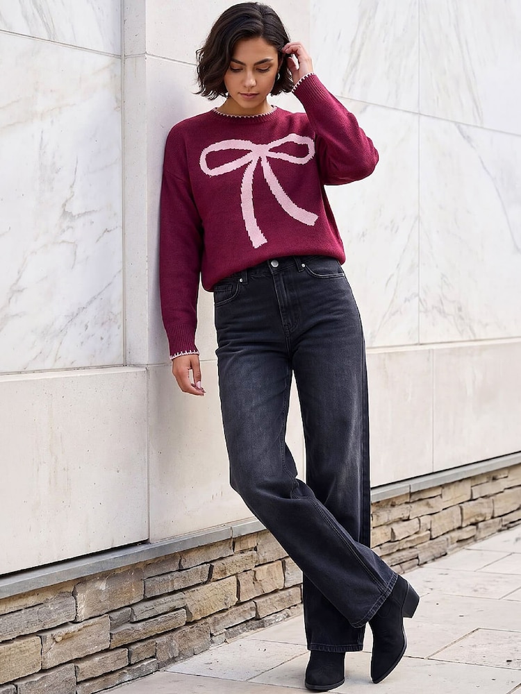 Roman Red Contrast Stitch Bow Knit Jumper - Image 1 of 4 Roman Red Contrast Stitch Bow Knit Jumper - Image 1 of 4