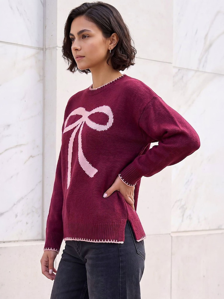 Roman Red Contrast Stitch Bow Knit Jumper - Image 2 of 4 Roman Red Contrast Stitch Bow Knit Jumper - Image 2 of 4