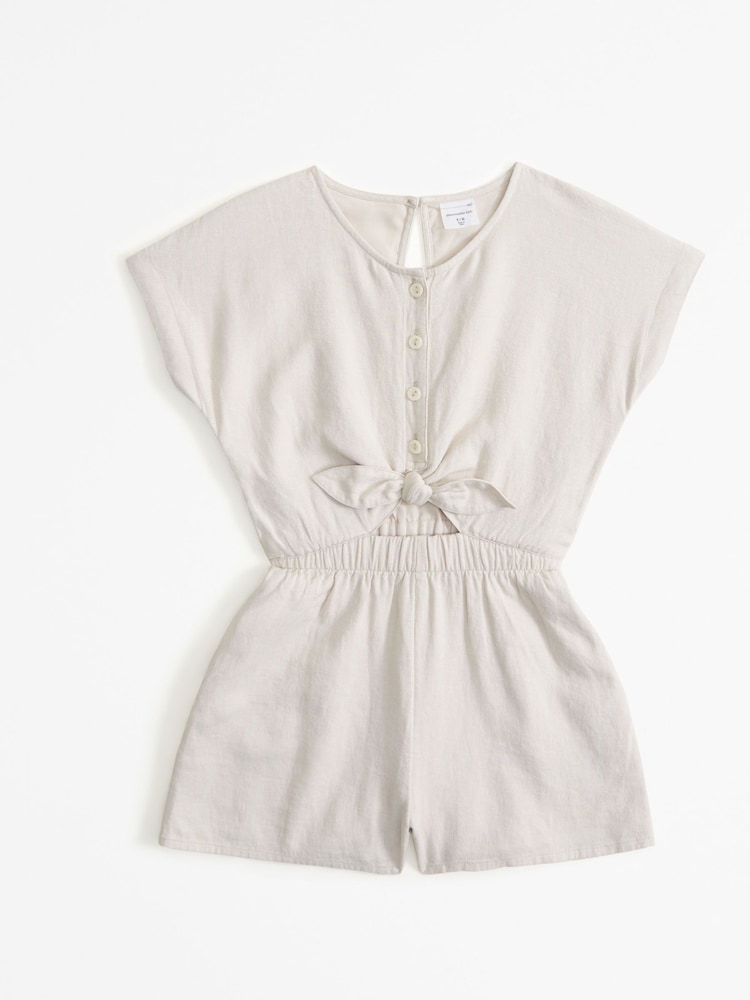 Abercrombie & Fitch Cream Tie Front Short Sleeve Linen Playsuit - Image 1 of 1 Abercrombie & Fitch Cream Tie Front Short Sleeve Linen Playsuit - Image 1 of 1
