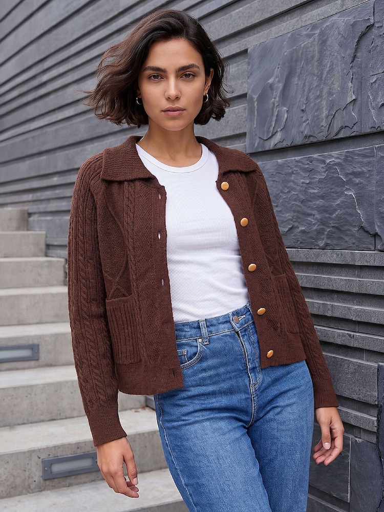 Roman Brown Chunky Cable Cardigan - Image 2 of 4