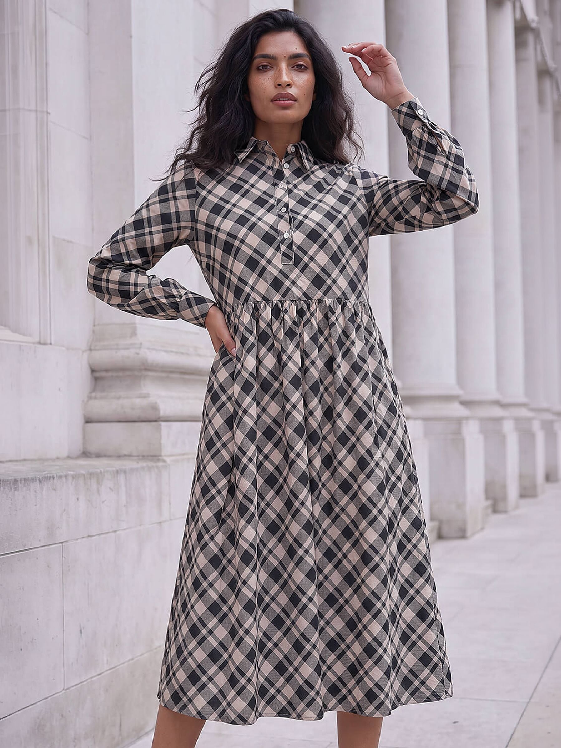 Buy Roman White/Black Check Midi Shirt Dress from the Next UK