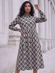 Roman White/Black Check Midi Shirt Dress - Image 1 of 4