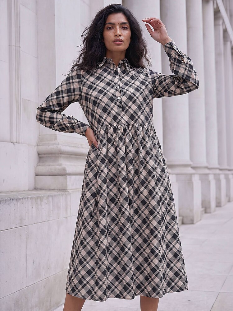 Roman White/Black Check Midi Shirt Dress - Image 1 of 4
