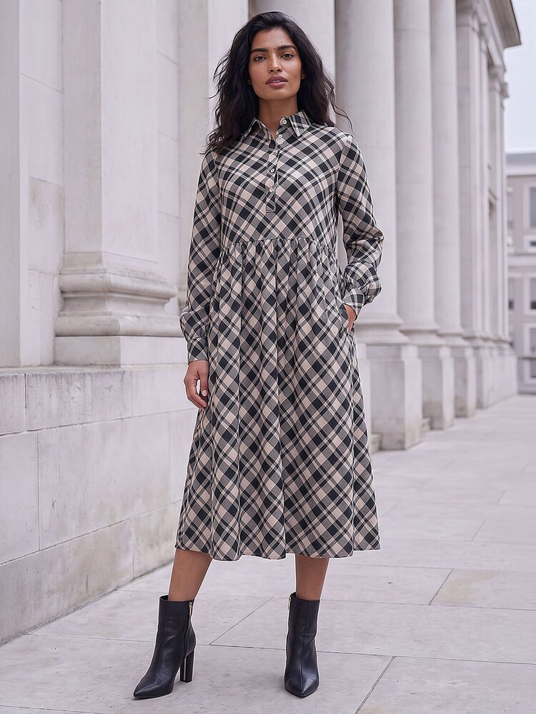 Roman White/Black Check Midi Shirt Dress - Image 2 of 4