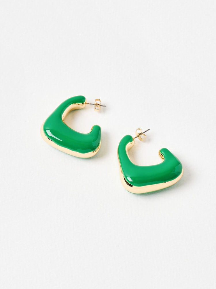 Oliver Bonas Green Dalia Green Puffy Hoop Gold Tone Earrings - Image 2 of 5 Oliver Bonas Green Dalia Green Puffy Hoop Gold Tone Earrings - Image 2 of 5