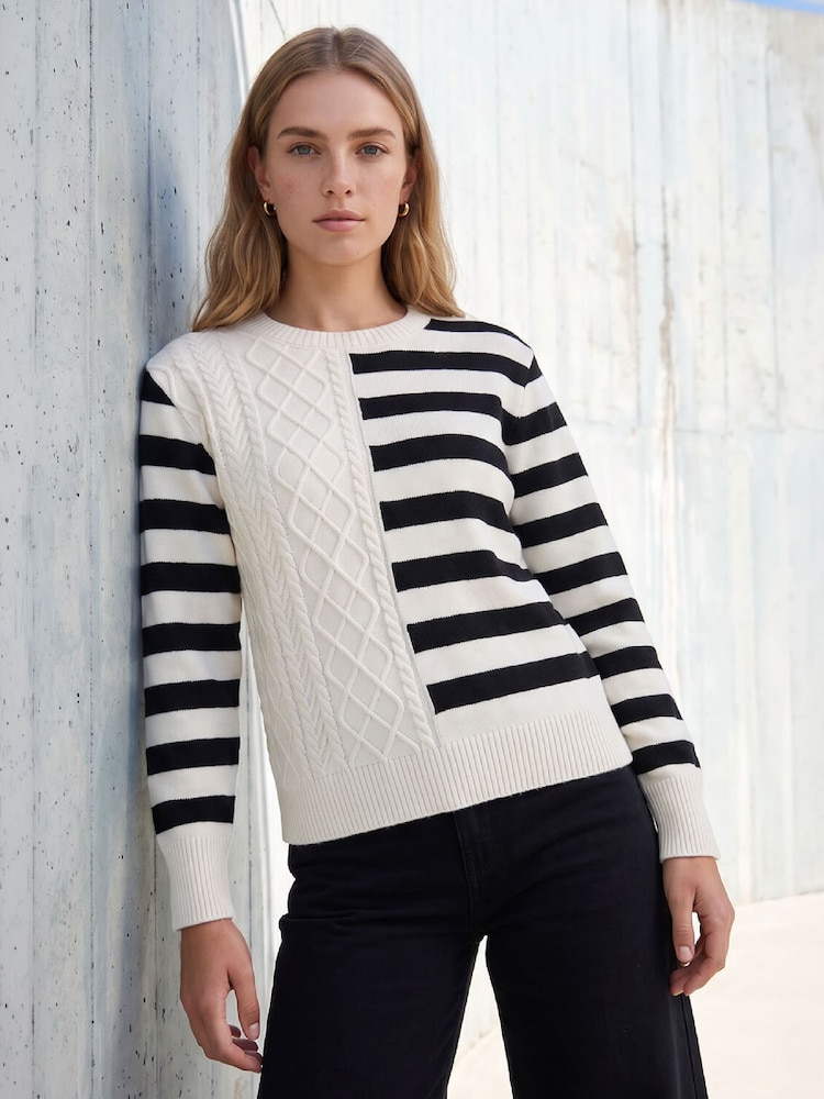 Roman White Cable Stripe Knit Jumper - Image 1 of 4 Roman White Cable Stripe Knit Jumper - Image 1 of 4