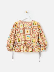 Oliver Bonas Brown Postcard Print V-neck Button Up Blouse - Image 4 of 8