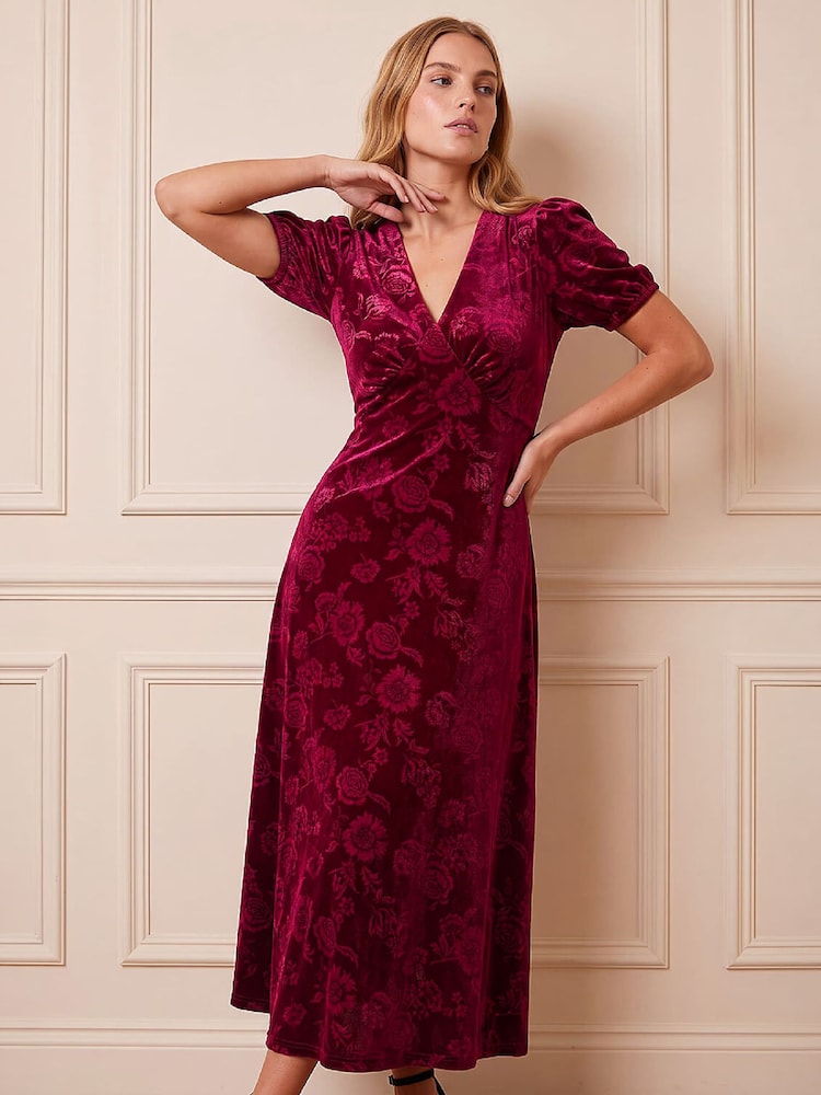 Roman Red Embossed Velvet Dress - Image 1 of 4